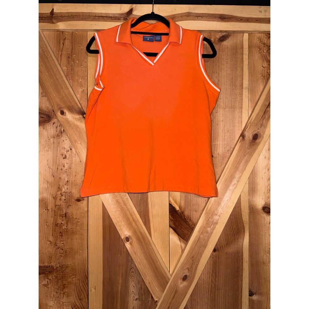Womens Vintage Y2K Orange Sleeveless Polo Top White Striped Trim Tenniscore L